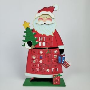 Holiday Advent Calendar Wooden Santa Claus Green Tree Christmas Countdown 15"